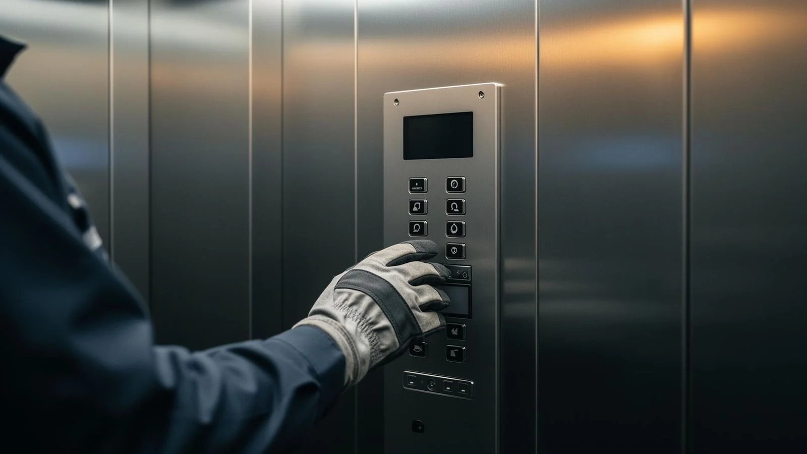 Técnico inspecionando um painel de elevador em condomínio