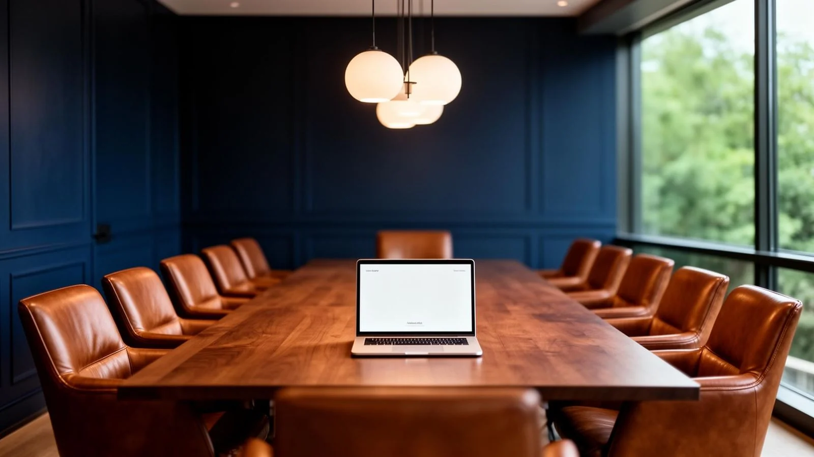Sala de reuniões de condomínio com mesa de madeira e notebook aberto