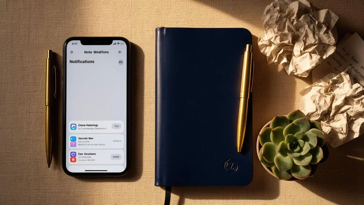Smartphone com notificações ao lado de uma caderneta e papéis amassados