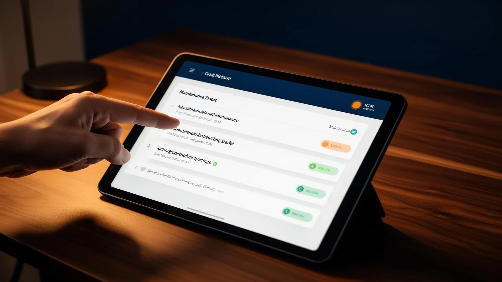 Tablet exibindo painel com status de manutenções do condomínio