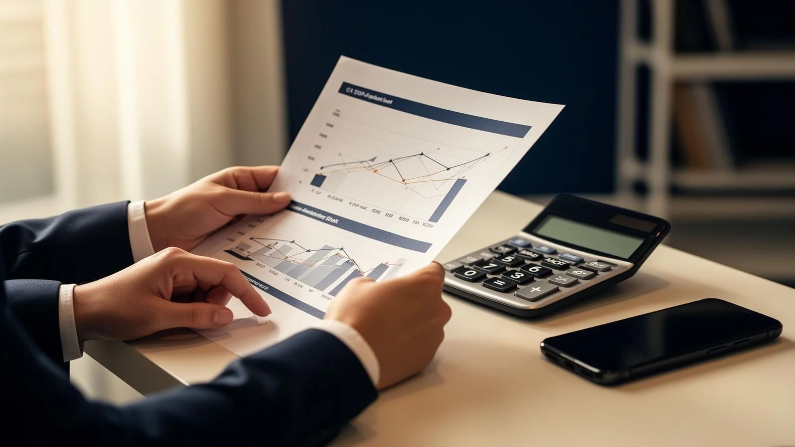 Profissional analisando relatório financeiro de condomínio com calculadora