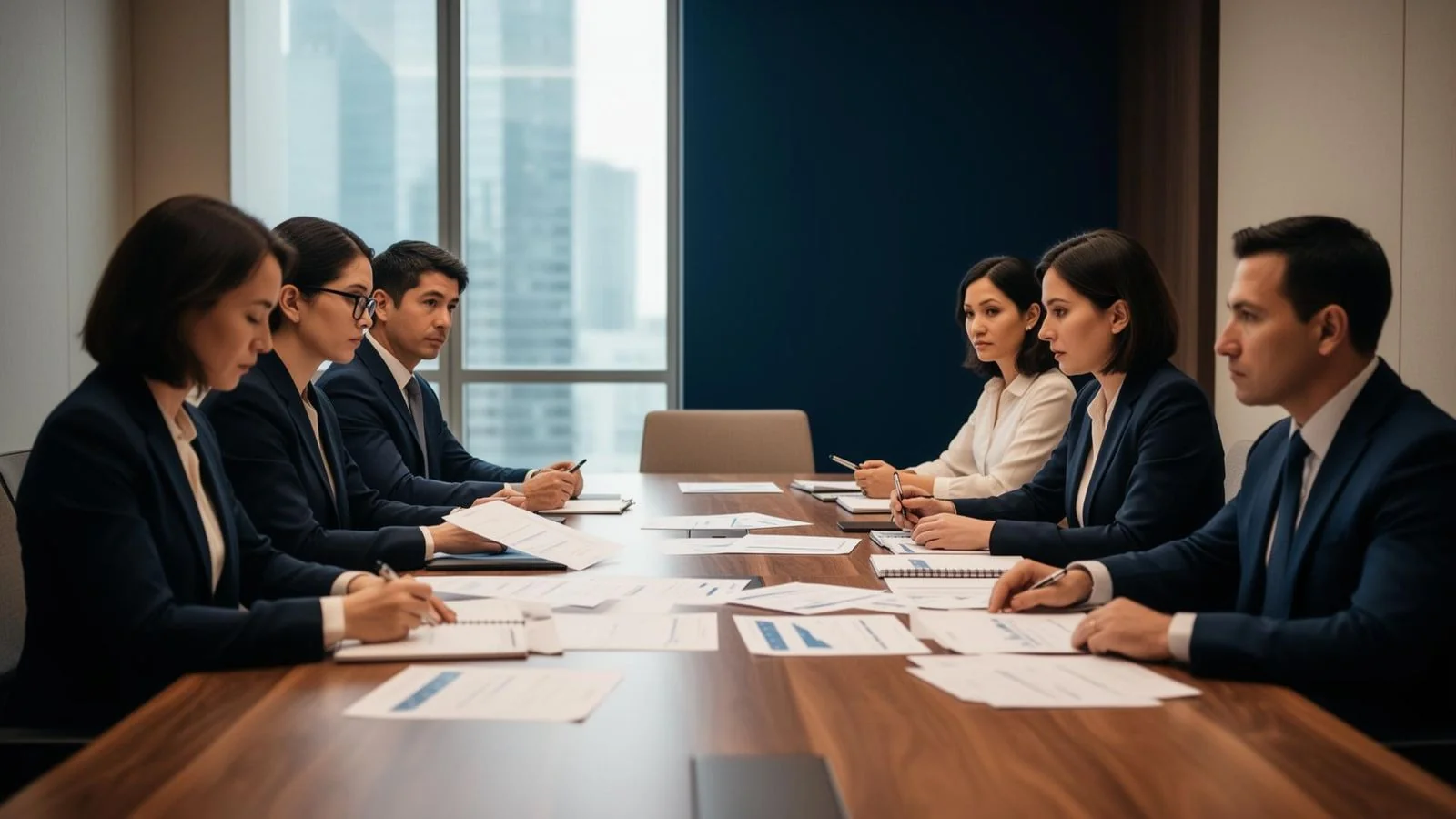 Reunião de conselho analisando documentos financeiros do condomínio