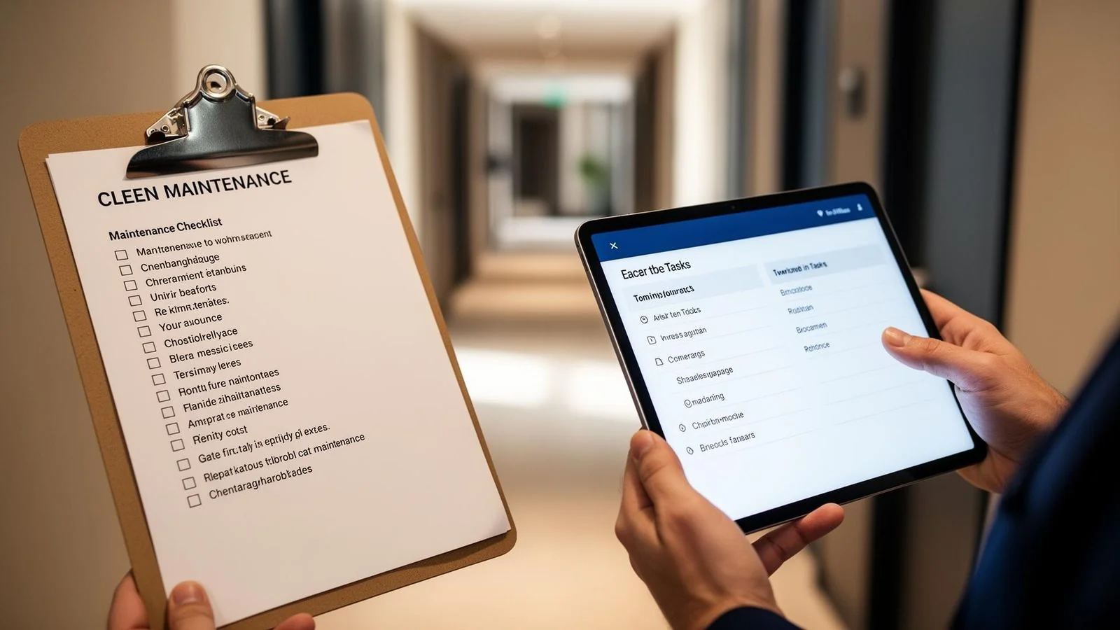 Checklist de manutenção condominial ao lado de tablet com lista de tarefas