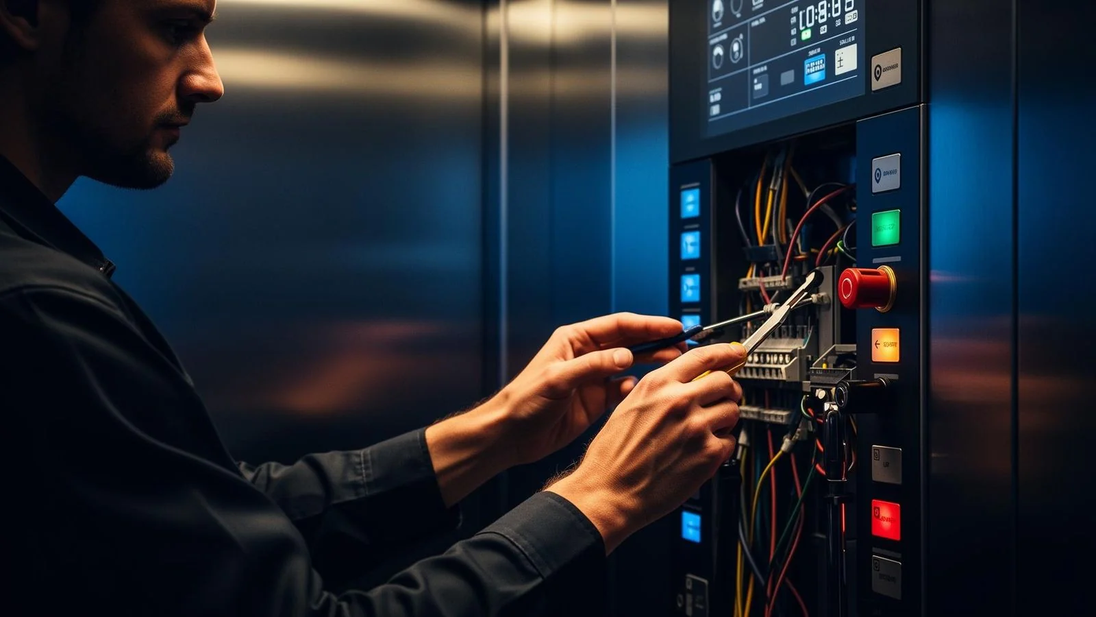 Técnico realizando manutenção em painel de elevador moderno