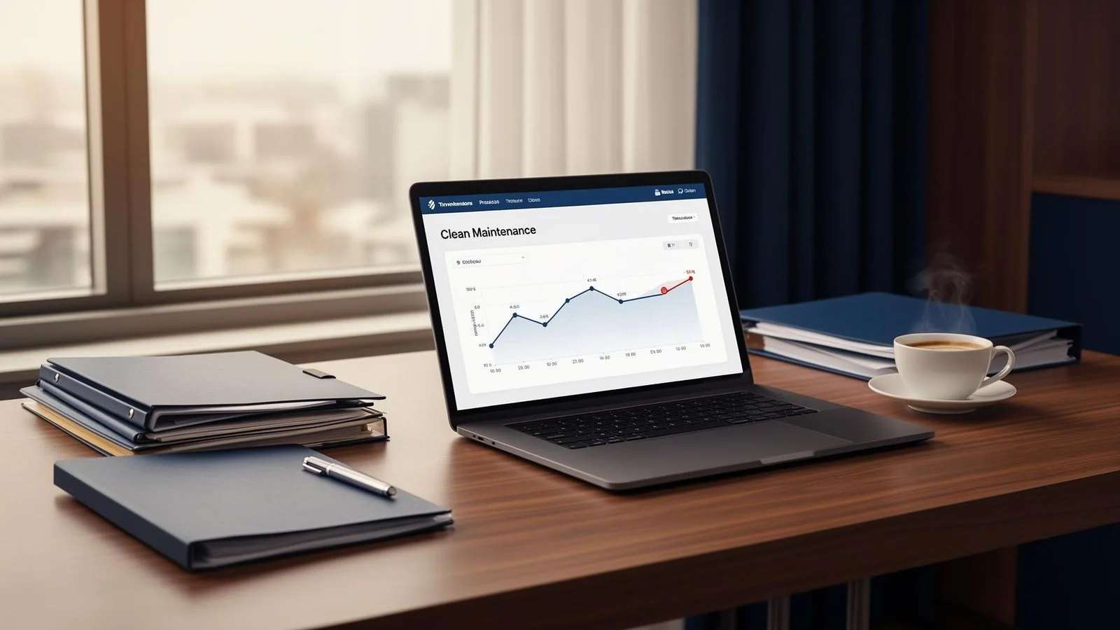 Laptop com dashboard de manutenção sobre mesa organizada com pastas