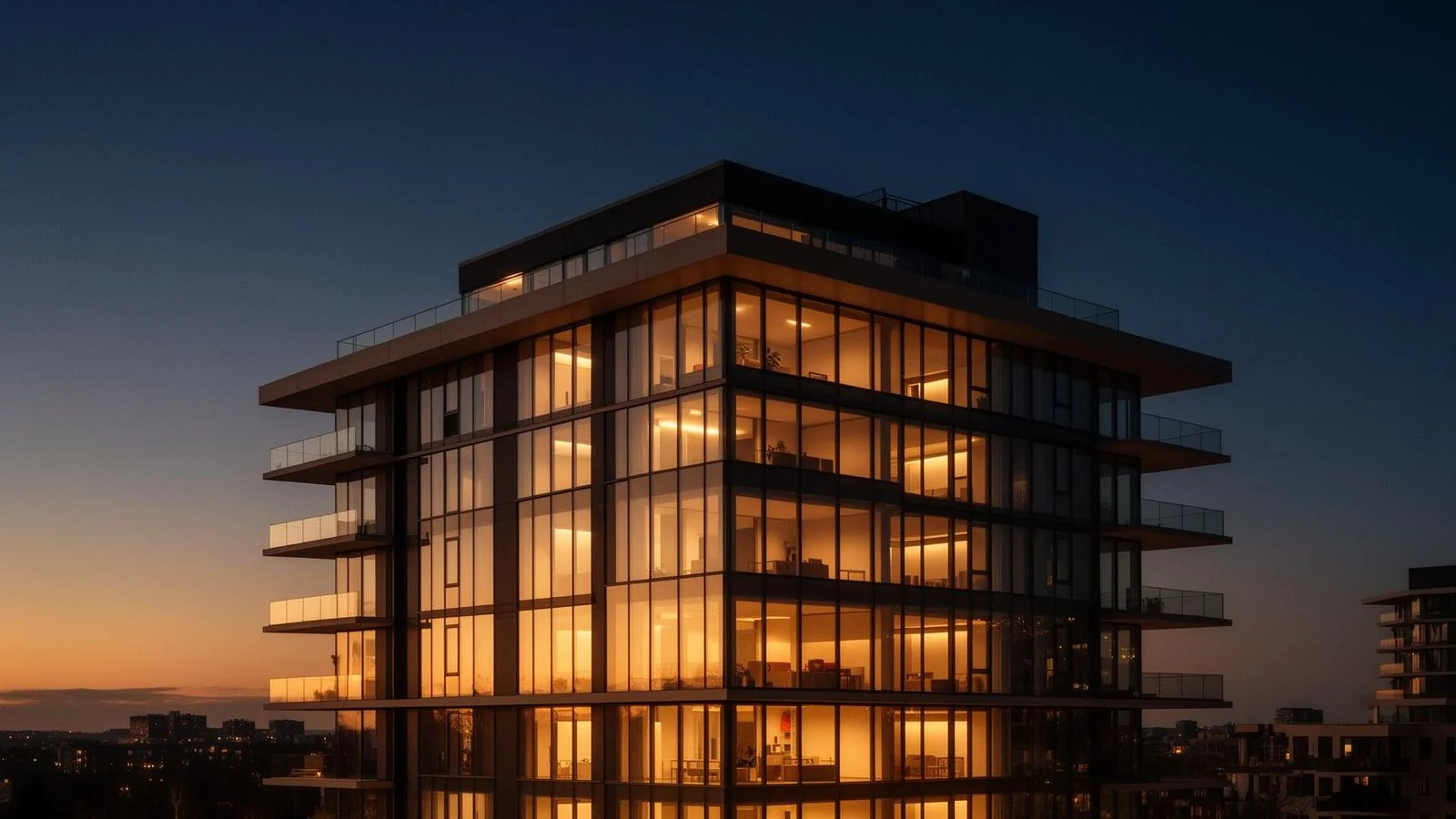 Edifício condominial moderno iluminado ao entardecer